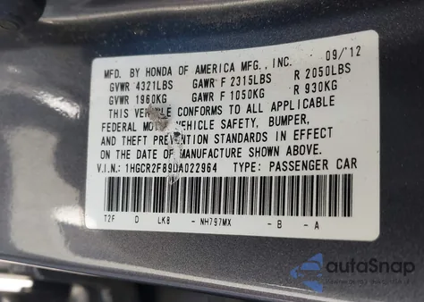 2013 Honda Accord Sdn Ex-L from USA, damaged, VIN 1HGCR2F89DA022964